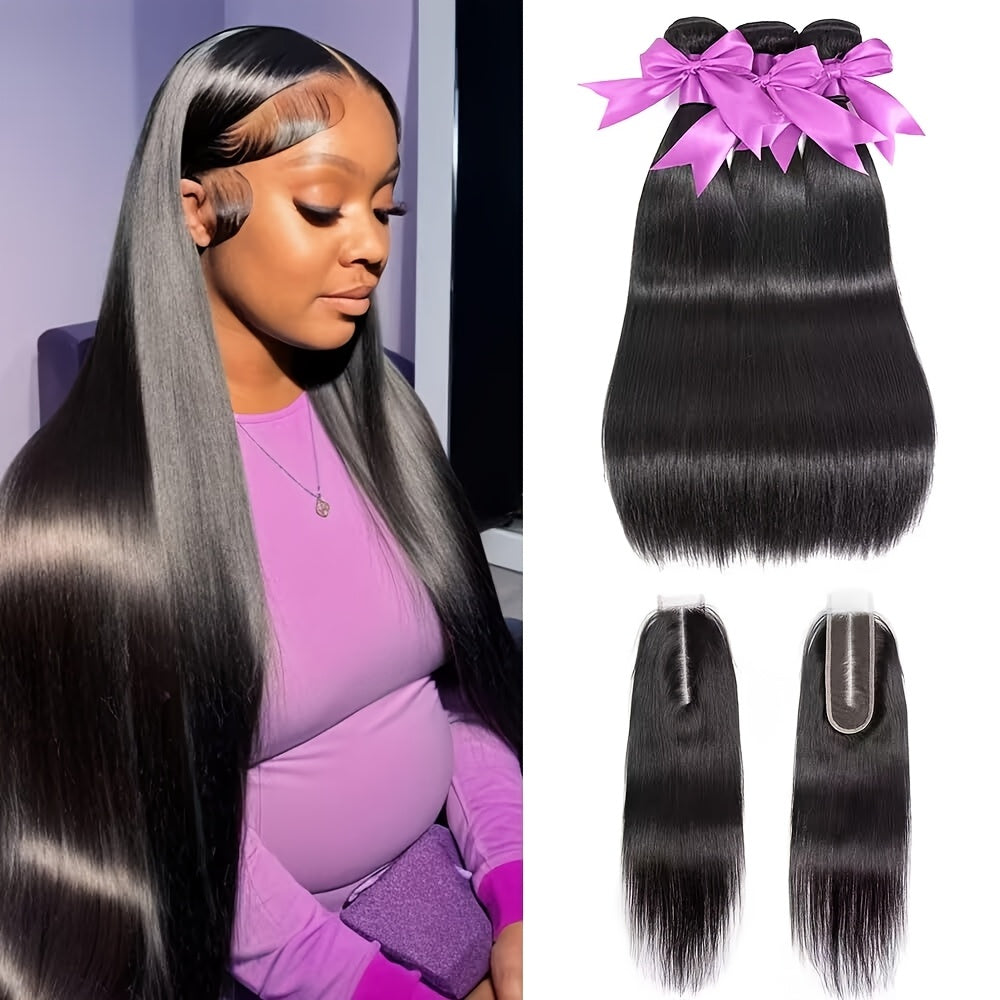 3 Bundles Unisex Brazilian Virgin Straight Hair, 2x6 HD Lace Closure, 100% Unprocessed Human Hair Weave, Unisex-adult
